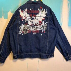 Southpole Denim Jacket Skull Wing Graphic Dark Blue Y2K XXL Vintage 2000s Men